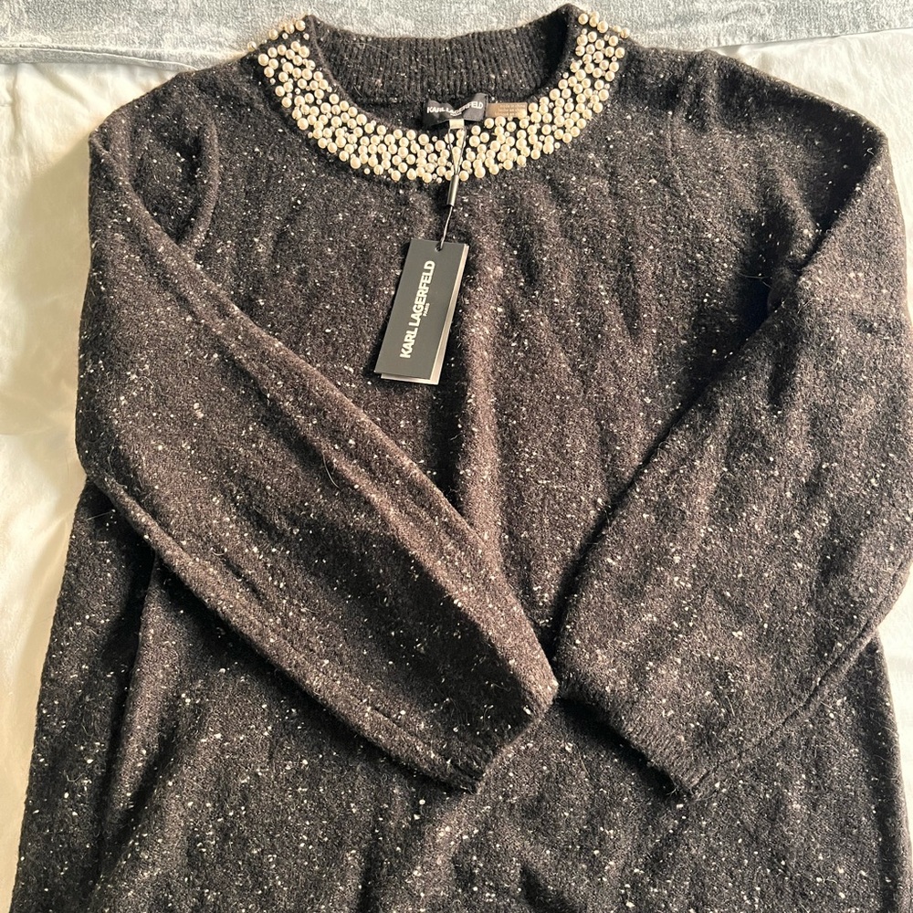 Karl Lagerfeld Black Sweater with Pearl Embellishment